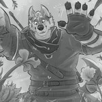 anthro anthrofied clothed clothing countershading flower fur male melee_weapon micro plant shirt smile solo sword topwear tunic weapon sixsydes nintendo the_legend_of_zelda link_(wolf_form) canid canine canis mammal minish wolf 1:1 greyscale hi_res monochrome