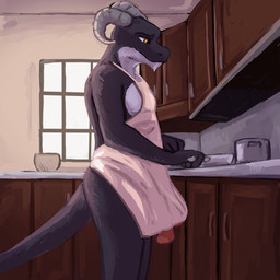 2_penises anthro apron apron_only clothing cooking cookware genitals kitchen_utensils male multi_genitalia multi_penis penis solo standing tools yellow_eyes tazal european_mythology mythology dragon mythological_creature mythological_scalie scalie western_dragon absurd_res hi_res