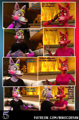 accessory anthro blue_clothing blush clothed clothing crossgender dialogue duo ear_piercing female fingers fire fireplace ftm_crossgender gradient_background green_hair hair headband laugh machine male male/female mtf_crossgender open_mouth piercing shirt_knot simple_background text binocszoomx10 disembowell_(modeler) red-eye_(modeler) five_nights_at_freddy's five_nights_at_freddy's:_security_breach scottgames steel_wool_studios fan_character fanmade_glamrock_foxy_(fnaf) glamrock_foxy_(fnaf) roxanne_wolf animatronic canid canine fox mammal robot 3d_(artwork) comic digital_media_(artwork) english_text hi_res url