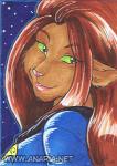 2009 anthro brown_body brown_fur brown_hair caitian cheek_tuft clothed clothing facial_tuft felid female fur green_sclera hair jennifer_l_anderson lips looking_at_viewer looking_back low_res m'ress mammal painting_(artwork) pink_nose side_view smile solo star star_trek star_trek_the_animated_series traditional_media_(artwork) tuft watercolor_(artwork) watermark