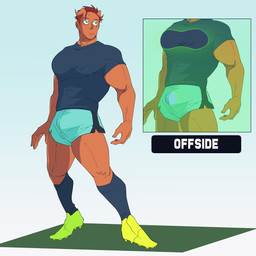 2_horns bottomwear brown_hair bulge clothed clothing fully_clothed hair horn male muscular muscular_male not_furry shirt shorts simple_background soccer_uniform solo sportswear text topwear uniform karina_farek drawfee_(copyright) luce_(karina_farek) demon demon_humanoid horned_humanoid humanoid mammal 1:1 digital_media_(artwork)
