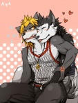 anthro blush bulge clothing duo fur male male/male muscular open_mouth tongue h155296 utau ikuto_waon sarasa_arujine canid canine canis domestic_dog mammal wolf