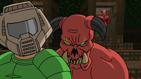 armor fangs glowing glowing_eyes green_eyes headgear helmet horn male red_body red_skin screencap screencap_background teeth unknown_artist doom_(series) id_software microsoft doom_slayer baron_of_hell demon human mammal 16:9 meme widescreen