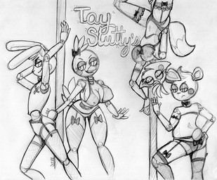 ambiguous_gender anthro beak big_breasts bra breasts cleavage clothed clothing dancing female femboy garter_belt garter_straps group legwear lingerie machine male panties pole pole_dancing stockings text underwear servo_(artist) five_nights_at_freddy's five_nights_at_freddy's_2 scottgames sister_location funtime_foxy_(fnaf) mangle_(fnaf) toy_bonnie_(fnaf) toy_chica_(fnaf) toy_freddy_(fnaf) animatronic avian bear bird canid canine chicken fox galliform lagomorph leporid mammal phasianid rabbit robot english_text greyscale monochrome