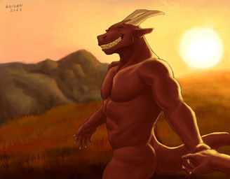 ambiguous_gender anthro duo eyes_closed grass grin hand_holding horn male male/ambiguous male_anthro muscular muscular_anthro muscular_male nude orange_sky outside plant red_body red_tail rock side_view sky smile solo_focus standing sun tail white_horn aduran mythology dragon mythological_creature mythological_scalie scalie 2023 dated signature