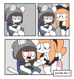 anthro beanie black_clothing black_hat black_headwear black_shirt black_topwear blue_bottomwear blue_clothing blue_shorts blush bottomwear breast_grab breasts brown_hair chair cleavage clothed clothing duo eyelashes female furniture grey_beanie grey_clothing grey_hat grey_headwear hair hand_on_another's_breast hand_on_breast hat headgear headwear male male/female office_chair orange_hair pink_bottomwear pink_clothing pink_shorts ponytail question_mark shirt short_tail shorts sitting tail text topwear tonytoran tina_(tonytoran) tony_(tonytoran) chinchilla chinchillid lagomorph leporid mammal rabbit rodent absurd_res comic hi_res