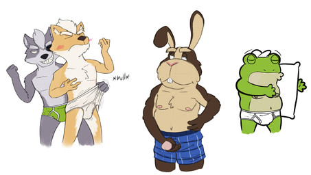anthro balls_outline black_nose black_text blue_boxers blue_clothing blue_underwear blush boxers_(clothing) boxers_only briefs briefs_only briefs_pull brown_body brown_fur buckteeth bulge bullying clothed clothing colored_seam_underwear detailed_bulge frontal_wedgie fur genital_outline genitals green_body green_briefs green_clothing green_skin green_underwear grey_body grey_fur grey_hair group hair hand_on_side holding_object holding_own_penis holding_penis holding_pillow humanoid_genitalia humanoid_penis humiliation male male/male masturbation navel nipples open_mouth open_smile orange_body orange_fur overweight overweight_male penis pillow pink_nose plaid_boxers sharp_teeth simple_background smile tan_body tan_fur tan_skin teeth teeth_showing text tighty_whities topless topless_anthro topless_male underwear underwear_only waistband_pull wedgie white_background white_baseball_cap white_briefs white_clothing white_hair white_seam_briefs white_seam_underwear white_underwear y-fronts ursanity nintendo star_fox fox_mccloud peppy_hare slippy_toad wolf_o'donnell canid canine canis fox mammal wolf hi_res