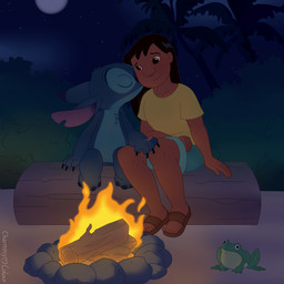 4_fingers 4_toes 5_fingers 5_toes aged_up ambiguous_gender black_claws black_hair blue_body blue_fur blue_nose brown_body brown_eyes brown_skin campfire chest_tuft claws clothed clothing duo_focus ears_back eyebrows eyes_closed feet female feral fingers fire footwear fur green_body group hair head_tuft kissing log long_hair looking_at_another moon night notched_ear outside palm_tree pivoted_ears plant raised_inner_eyebrows ring romantic romantic_ambiance romantic_couple sandals shirt shoes sitting size_difference smile t-shirt toes topwear tree tuft wood yellow_clothing yellow_shirt yellow_topwear charmmycolour disney lilo_and_stitch lilo_pelekai stitch_(lilo_and_stitch) alien amphibian experiment_(lilo_and_stitch) frog human mammal 1:1 2020 hi_res male_(lore)