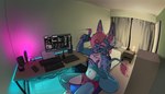 bedroom blue_body blue_fur clothing computer desk desktop electronics fisheye_lens fur furniture hair pink_hair sitting table tablet tail underwear beefrequency mythology dragon furred_dragon furred_scalie mythological_creature mythological_scalie scalie hi_res