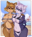 amber_eyes anthro beach black_clothing black_swimwear blue_body blue_eyes blue_fur blue_sky breast_squish breasts breasts_frottage brown_body brown_fur brown_hair chest_tuft cleavage cleavage_cutout clothed clothing curvy_figure cutout duo ear_tuft eyebrow_through_hair eyebrows fangs female front_view fur grey_clothing grey_hair grey_swimwear hair hand_on_shoulder inner_ear_fluff looking_at_viewer multicolored_body multicolored_fur navel open_mouth open_smile pawpads pink_pawpads pink_tongue sand sea seaside skimpy sky slightly_chubby smile squish swimwear teeth thick_thighs tongue translucent translucent_hair tuft two_tone_body two_tone_fur voluptuous water white_body white_fur wide_hips arumo canid canine felid feline mammal hi_res portrait three-quarter_portrait