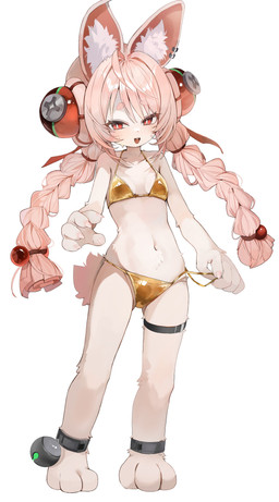 3_toes 5_fingers ahoge anklet anthro barefoot bikini blush braided_pigtails claws clothed clothed_anthro clothed_female clothing ear_piercing ear_ring feet female fingers flat_chested fur gold_bikini hair inner_ear_fluff jewelry navel paws piercing pink_body pink_fur pink_hair red_eyes ring_piercing scut_tail short_tail simple_background swimwear tail toes tuft two-piece_swimsuit white_background norankkori golden_week mihoyo zenless_zone_zero zhao_(zenless_zone_zero) lagomorph leporid mammal rabbit thiren 2026 absurd_res hi_res