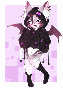 anthro blush blush_lines clothing ear_piercing female hoodie open_mouth piercing purple_eyes simple_background solo topwear wings alien_doge bat mammal hi_res