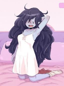 bed black_hair breasts clothed clothing fangs female footwear furniture hair humanoid_pointy_ears inside kneeling long_hair nightgown not_furry pointy_ears socks solo teeth waking_up roxy_prog adventure_time cartoon_network marceline_abadeer humanoid vampire 2020 digital_media_(artwork) hi_res shaded