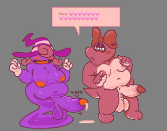 accessory anthro balls big_balls big_penis bodily_fluids breasts clothing dialogue duo erection feet genital_fluids genitals gloves gynomorph hair_accessory hair_ribbon handwear hat headgear headwear humanoid_genitalia humanoid_penis intersex nipples penis pink_body precum purple_body red_nipples ribbons slightly_chubby slightly_chubby_gynomorph slightly_chubby_intersex speech_bubble tail witch_hat membransfw mario_bros nintendo paper_mario birdo_(character) vivian_(mario) birdo dinosaur prehistoric_species reptile scalie shadow_siren trans_(lore) trans_woman_(lore)