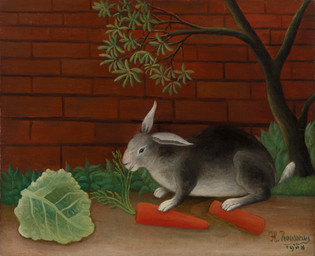 ambiguous_feral ambiguous_gender brick brick_wall carrot detailed_background feral food gradient_body leaf long_ears outside paws plant quadruped shrub side_view solo standing tail tree vegetable wall_(structure) henri_rousseau public_domain lagomorph leporid mammal rabbit 1908 20th_century absurd_res ancient_art dated hi_res oil_painting_(artwork) painting_(artwork) signature traditional_media_(artwork) traditional_painting_(artwork)