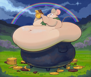 anthro belly big_belly candy chocolate cloud cloudy_sky coin dessert detailed_background female food grass huge_belly landscape obese obese_female outside overweight overweight_female plant pot_of_gold rainbow rock sky solo ridiculouscake louise_thrushwood mammal mouse murid murine rodent wood_mouse 2022 hi_res