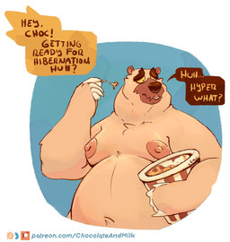 anthro belly big_belly brown_eyebrows brown_nose eyebrows food front_view fur holding_food holding_object male male_anthro moobs narrowed_eyes nipples nude obese obese_anthro obese_male open_mouth overweight overweight_anthro overweight_male pink_nipples simple_background solo speech_bubble tan_body tan_fur text chocolateandmilk bear mammal 2025 dated english_text half-length_portrait hi_res portrait signature url