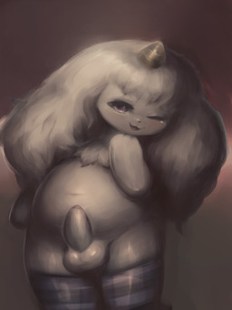 3_fingers anthro balls bangs black_nose blue_ribbon blush chest_fur eyelashes femboy fingers fur genitals hair horn kemono long_ears long_hair looking_at_viewer male navel one_eye_closed open_mouth penis pupils purple_eyes red_tongue ribbons slightly_chubby smile solo standing tongue white_body white_fur white_hair wink kemo_priestess hybrid lagomorph leporid mammal rabbit 3:4 character_request