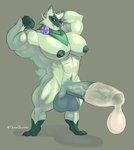 abs anthro balls biceps big_balls big_muscles big_pecs big_penis bodily_fluids condom cum ear_piercing erection filled_condom fur genital_fluids genitals green_body green_fur huge_penis looking_at_viewer male muscular muscular_anthro muscular_male nipples nude pecs penis piercing presenting sexual_barrier_device simple_background smile solo wearing_condom dalemdaury622 nintendo pokemon floragato generation_9_pokemon pokemon_(species) absurd_res hi_res