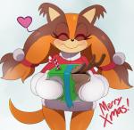 2014 anthro badger biped candy candy_cane christmas dessert digital_media_(artwork) english_text eyes_closed female food gift heart_symbol hi_res holidays mammal mustelid musteline sega simple_background smile solo sonic_boom sonic_the_hedgehog_(series) sssonic2 standing stick sticks_the_jungle_badger text