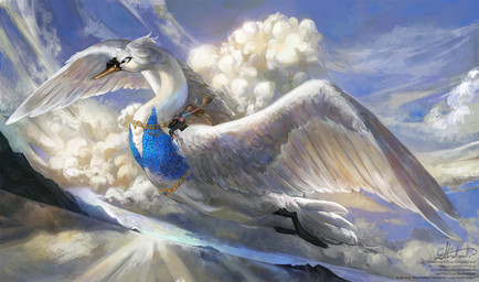 ambiguous_gender beak blue_clothing blue_shirt blue_topwear brown_hair carrying_another clothing cloud day duo extreme_size_difference feathered_tail feathered_wings feathers female feral flying hair happy harness hat headgear headwear holding_object larger_ambiguous larger_feral long_neck macro mountain outside raised_hand realistic riding riding_on_back saddle sea shirt side_view size_difference sky smaller_female smaller_human spread_wings straddling tail tail_feathers topwear water white_body white_feathers wings abrahamdhr nintendo pokemon alpha_pokemon anatid anseriform anserine avian bird generation_5_pokemon human mammal pokemon_(species) swan swanna 2022 digital_media_(artwork) digital_painting_(artwork) hi_res painting_(artwork)