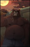 anthro belly black_border black_nipples blue_bottomwear blue_clothing blue_pants border bottomwear brown_body brown_fur clothed clothing countershade_snout countershading detailed_background fur gun looking_at_viewer looking_down looking_down_at_viewer male musclegut muscular muscular_anthro muscular_male navel nipples overweight overweight_anthro overweight_male pants ranged_weapon scar shotgun snout solo tan_body tan_countershading tan_fur text topless weapon horrorbuns echo_(game) echo_(series) echo_project brian_dubois bear mammal 2022 artist_name colored hi_res