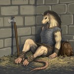 1:1 2022 against_surface against_wall alekksandar anthro axe backpack battle_axe black_claws black_mane bottomwear breasts brick_wall chainmail claws clothing conditional_dnp feet female foot_wraps front_view fur grey_eyes hairless_hands hay hi_res inside long_snout looking_at_viewer mammal mane murid murine pink_nose rat rodent sitting skirt snout solo tan_body tan_fur thick_neck wall_(structure) warrior wraps wrist_wraps