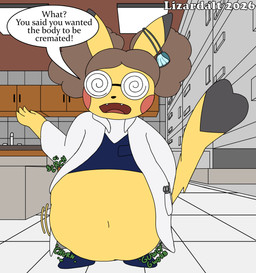 brown_hair digestion digestion_noises eyewear female glasses hair medical_instrument morgue mortician rumbling_stomach scientific_instrument solo vore vore_implied wearing_glasses lizarddude812 nintendo pokemon generation_1_pokemon pikachu pokemon_(species) hi_res