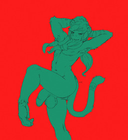 anthro armpit_hair balls big_balls big_penis biped body_hair eyebrows foreskin genitals glans hair half-closed_eyes half-erect hand_behind_head humanoid_genitalia humanoid_penis long_hair looking_at_viewer male narrowed_eyes navel nipples penis pose red_background simple_background solo standing oselotti haplorhine mammal monkey primate hi_res signature