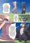 2018 amber_eyes anthro avian beak black_body black_fur blue_eyes brown_body brown_fur canid canine comic day detailed_background digital_media_(artwork) digitigrade duo english_text fur grass gryphon hi_res hybrid male mammal mythological_avian mythological_creature mythology nude outside plant rudragon sky standing tail text yellow_beak