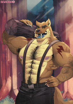 anthro armpit_hair barazoku body_hair bottomwear clothed clothing forest fur hair log male mature_anthro mature_male muscular muscular_anthro muscular_male nipples outside pecs plant solo suspenders tree wood dannon-5 canid canine canis mammal wolf absurd_res digital_media_(artwork) hi_res