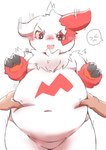 anthro belly belly_pinch blush claws duo embarrassed first_person_view fupa fur human_pov markings navel overweight pink_eyes pov_hands red_markings simple_background squeezing white_background white_body white_fur cpon555 nintendo pokemon generation_3_pokemon human mammal pokemon_(species) zangoose hi_res