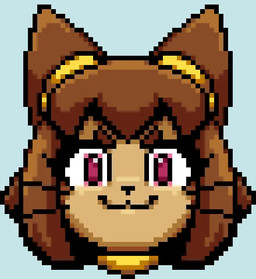 blue_background brown_hair eyebrows female hair purple_eyes simple_background solo sprite_art whiskers ambris gameoverse glitch_productions kit_bodega domestic_cat felid feline felis mammal digital_media_(artwork) pixel_(artwork)