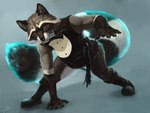 anthro armor dagger fluffy fluffy_tail knife leather magic male melee_weapon muscular pirate solo tail weapon dimonis mammal procyonid raccoon 2021 4:3 hi_res signature watermark