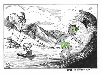 anthro black_hair bottomwear closed_smile clothed clothing duo fur green_bottomwear green_clothing green_eyes green_hair green_pants green_tail grey_body grey_fur grey_tail hair logo male mountain mouth_closed pants smile surfboard surfing swimming tail topless wave white_body white_fur white_tail young young_anthro young_male pandapaco parinton bear canid canine canis giant_panda mammal wolf 2019 artist_logo dated partially_colored signature traditional_media_(artwork)