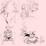 anthro bodily_fluids breasts clothed clothing duo female slightly_chubby sweat swimwear thick_thighs nite lagomorph leporid mammal rabbit 1:1 absurd_res hi_res monochrome multiple_images sketch_page