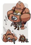 age_difference anthro armor beak belly blush brown_body duo facial_hair feathers feet goatee hair male older_male smile talons text toes white_body white_feathers white_hair wings young young_anthro young_male yaduya_33 nintendo tears_of_the_kingdom the_legend_of_zelda tulin_(tloz) yunobo avian goron rito hi_res japanese_text