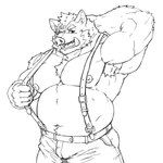 anthro armpit_hair body_hair bottomwear clothing kemono male musclegut muscular open_mouth pants simple_background solo suspenders white_background iwakuma knights_college hermann_(knights_college) mammal suid suine sus_(pig) wild_boar 1:1 2025 hi_res monochrome