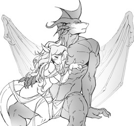 anthro bottomwear breasts clothing duo female hair loincloth long_hair male nipples non-mammal_breasts nude wings frank-79 european_mythology mythology dragon mythological_creature mythological_scalie scalie western_dragon black_and_white monochrome sketch