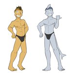 1:1 alternate_species anthro briefs bulge clothed clothing duo fish fuze hi_res human humanized ian_dela_cruz male mammal marine mohawk navel nipples shark simple_background texnatsu topless underwear underwear_only white_background