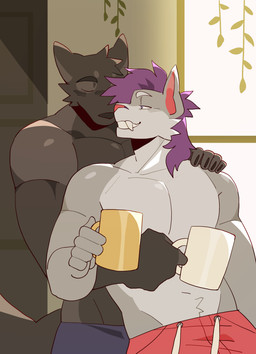 anthro black_body black_fur blue_eyes bottomwear building clothing container cuddling cup door duo ears_up eyes_closed fangs fur grey_body grey_fur hair half_naked holding_container holding_cup holding_mug holding_object house hug hugging_another hugging_from_behind looking_at_another looking_at_partner looking_back male male/male mug muscular muscular_anthro muscular_male pants pants_only plant purple_hair sabertooth_(anatomy) smile smiling_at_another smiling_at_partner teeth teeth_showing window 000atanerriaper000 max_damage_(furry) maxxxymooo canid canine canis fox mammal wolf absurd_res hi_res
