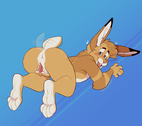 4_toes andromorph anthro anus blue_background butt countershade_feet countershading feet genitals humanoid_genitalia intersex looking_back lying nude_anthro on_front open_mouth paws presenting presenting_hindquarters rear_view scut_tail short_tail simple_background soles solo tail tail_motion tailwag toes vulva sinisterheaven lagomorph leporid mammal rabbit hi_res nonbinary_(lore)