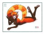 4_toes 5_fingers amber_eyes anthro arms_bent bent_legs border breasts calves_up claws feet female fingers fluffy fluffy_tail fur hair long_tail looking_at_viewer lying markings nipples nude on_front open_mouth open_smile orange_body orange_fur pawpads plantigrade pose raised_calf red_hair ring_(marking) ringed_tail short_hair simple_background smile soles solo striped_markings striped_tail stripes tail tail_markings teeth toes tongue white_background white_border kacey meiying ailurid mammal red_panda 2017 pinup