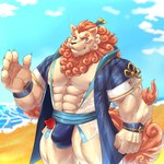 5_fingers abs anthro asian_clothing beach beard biceps biped blue_clothing blue_eyes blue_fundoshi blue_underwear bulge claws clothed clothing cloud east_asian_clothing eyebrows facial_hair fingers fundoshi fur hair humanoid_hands japanese_clothing male muscular muscular_anthro muscular_male muscular_thighs navel nipples orange_beard orange_eyebrows orange_facial_hair orange_hair orange_tail pecs sand seaside sky solo tail tan_body tan_fur thick_eyebrows tied_hair translucent translucent_clothing triceps underwear wristband weedwolf asian_mythology east_asian_mythology japanese_mythology mythology sdorica toyokuni foo_dog komainu mammal yokai 1:1 2022 absurd_res colored hi_res