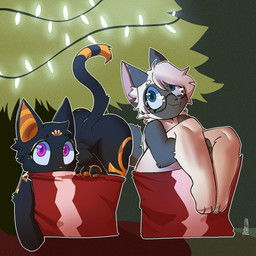 anthro butt duo eyewear female female/female gift glasses holidays lights looking_at_viewer paws plant tail tree wearing_glasses sickbelle christmas cafune_(sickbelle) propy_(isopropyl7915) domestic_cat felid feline felis mammal 1:1 hi_res