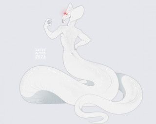 3_eyes abstract_background anthro apode forked_tongue grey_eyes legless long_tail looking_at_viewer looking_back male multi_eye raised_arm rear_view red_eyes serpentine solo tail tail_coil tongue tongue_out white_body altrika saren_(saren662) cobra draconcopode naga reptile scalie snake 2023 hi_res