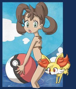 ambiguous_gender ball beach_ball bikini bikini_bottom bikini_top black_nose brown_hair clothing dipstick_tail duo ear_tuft female feral fur green_eyes hair holding_beach_ball holding_object inflatable jumping looking_at_another looking_back looking_back_at_another markings open_mouth orange_bikini_bottom orange_bikini_top orange_eyes orange_tail_tip partially_submerged sky skyscape standing swimwear tail tail_markings tuft two-piece_swimsuit white_body white_fur yellow_body yellow_fur yellow_tail young young_human bisonvega nintendo pokemon shauna_(pokemon) canid canine fennekin fox generation_6_pokemon human mammal pokemon_(species) 2026 alpha_channel