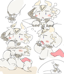 anthro blush extreme_size_difference heterochromia holding_character in_mouth oral_vore red_wings size_difference skull_accessory vore white_body wings yellow_inner_ear melmoku devil_connection makemon bbb_(devil_connection) summoner_(devil_connection) demon hi_res
