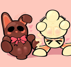 >_< ass_up brown_body butt candy chocolate dessert duo eyes_closed female female_feral feral food genitals looking_at_viewer looking_through plump_labia pose presenting presenting_hindquarters presenting_vulva teasing teasing_viewer vulva white_body pufflarper adopt_me_(roblox) roblox food_creature lagomorph leporid mammal rabbit hi_res