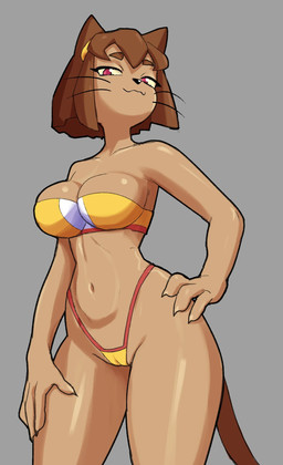 anthro bikini black_nose brown_ears brown_hair camel_toe cat_smile claws clothed clothed_anthro clothed_female clothing female hair navel smug solo swimwear tail two-piece_swimsuit whiskers horns6969y_(artist) gameoverse glitch_productions kit_bodega domestic_cat felid feline felis mammal absurd_res hi_res